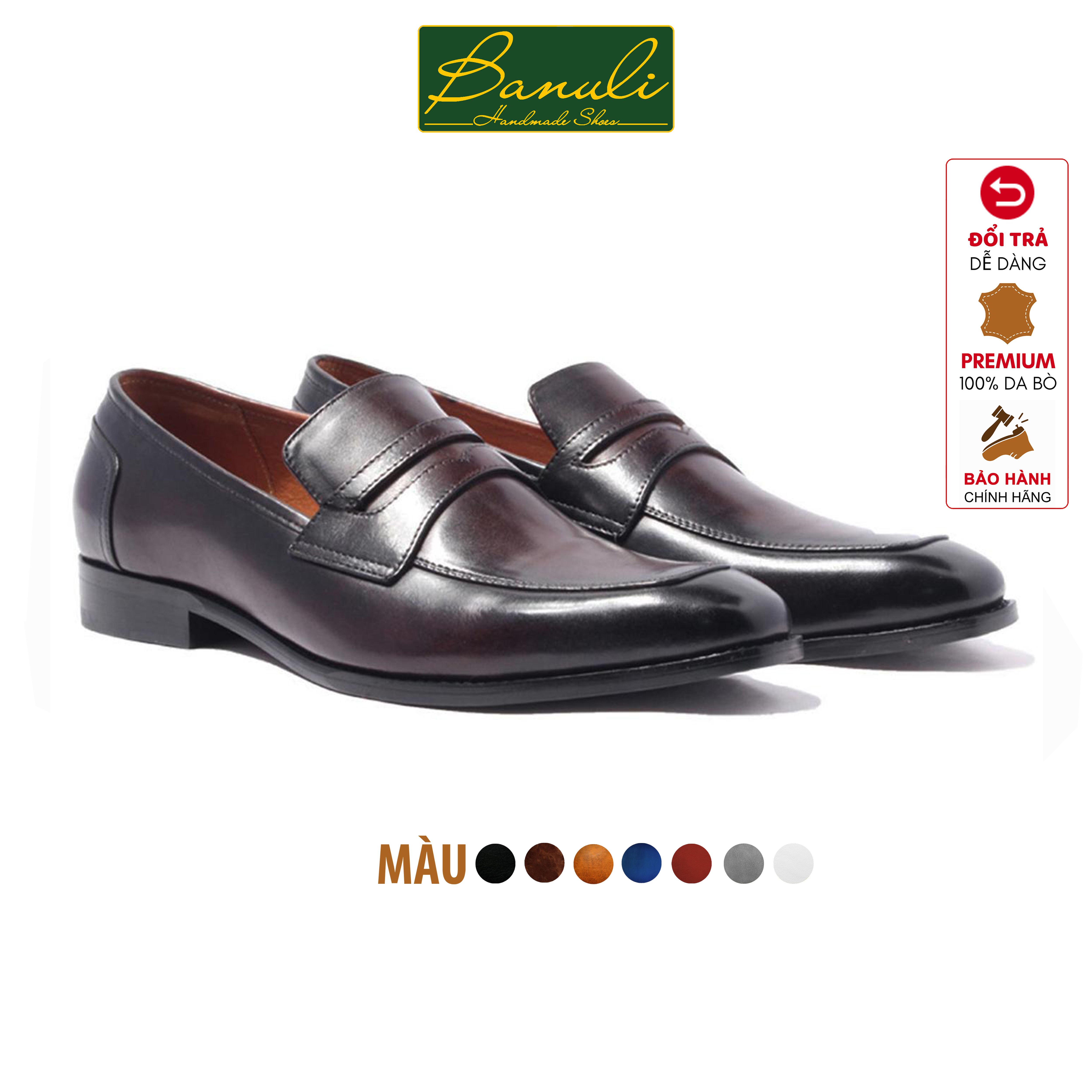 Giày Tây Lười Nam Công Sở Banuli Da Bê Italian Penny Loafers H1Pl1 Da Veg Itali Mềm Dẻo, Đế Siêu Nhẹ, Bảo Hành Trọn Đời - Nâu - 43