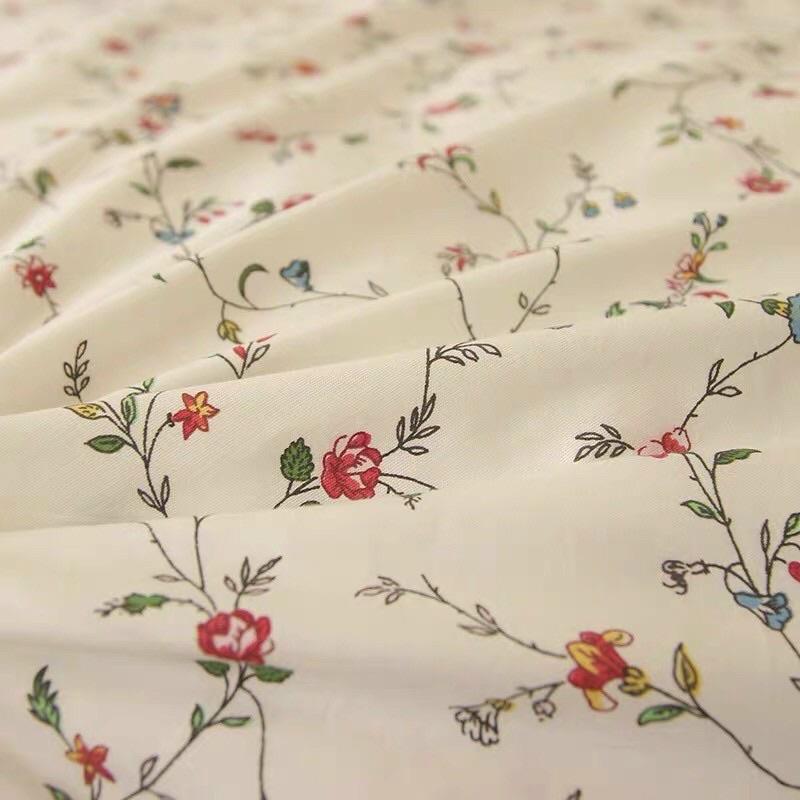 Set Cotton Living 100%cotton Hàng Nhập Khẩu Cao Cấp 4 Món Hoa Vintage Nhí Trắng