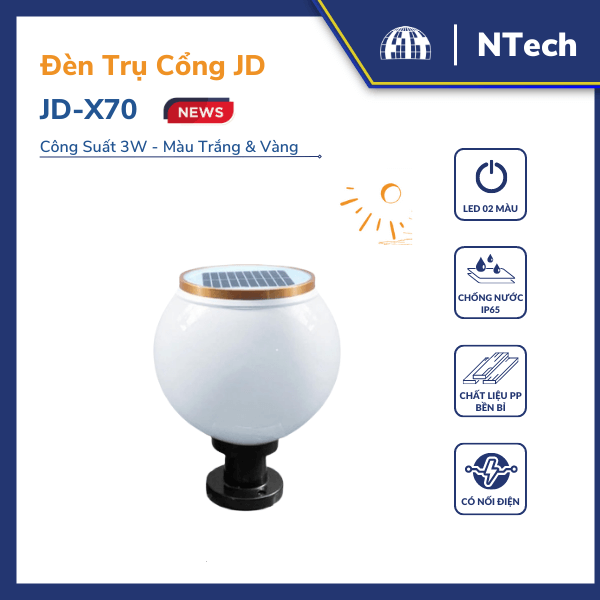 Đèn trụ cổng năng lượng mặt trời JD-X70/JD-X75 | 6V 3W | Ánh sáng trắng/vàng | Mẫu mới 2025