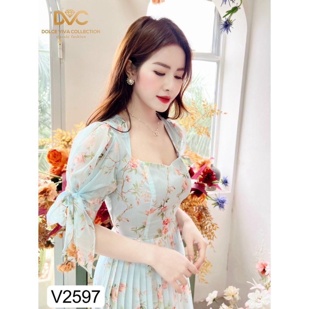 VÁY HOA XANH TAY BUỘC NƠ V2597 Đẹp Shop DVC
