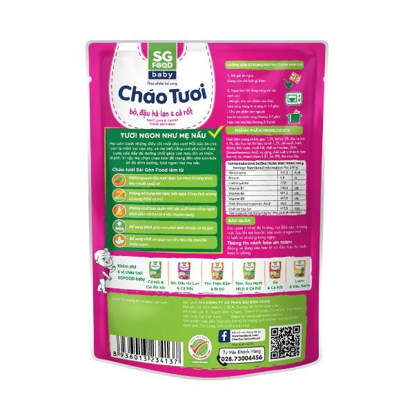 Thùng cháo tươi Baby Sài Gòn Food bò &amp; đậu hà lan 240g x 30 gói