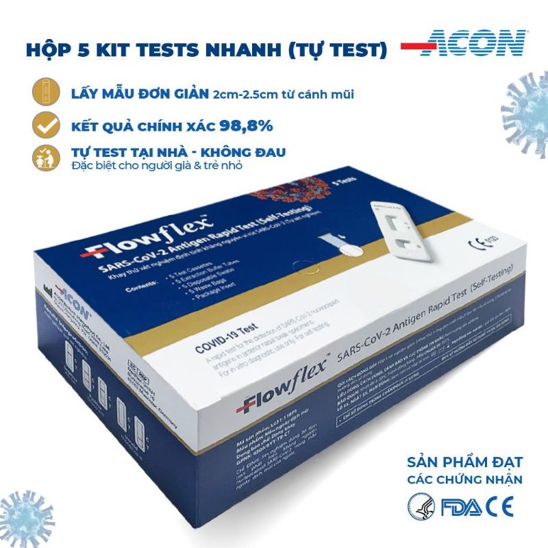 Combo 2 hộp 5 Kit test nhanh Covid và 10 que bông vô trùng lấy mẫu dịch mũi Acon FlowFlex thương hiệu Mỹ Abcare