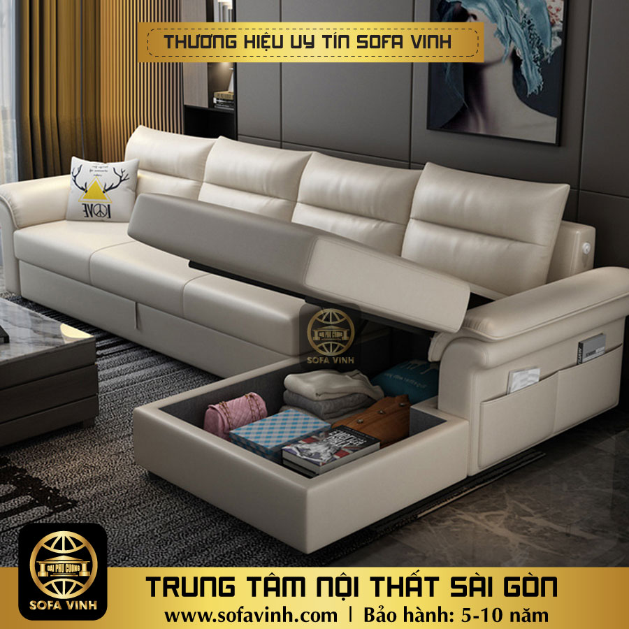 Bộ ghế sofa phòng khách có ngăn chứa đồ thông minh, bảo hành 5-10 năm, thương hiệu 20 năm SOFAVINH mã PC136, Sản xuất may đo theo yêu cầu, Giường sofa bọc da cao cấp, Bàn ghế sofa cao cấp nội thất