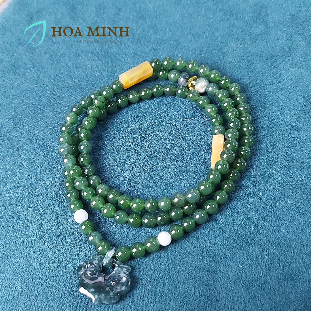Vòng chuỗi 108 hạt Ngọc Bích Nephrite size 5 li phối Charm Khoá Trường Mệnh Lam Ngọc phong thủy bình an, tài lộc