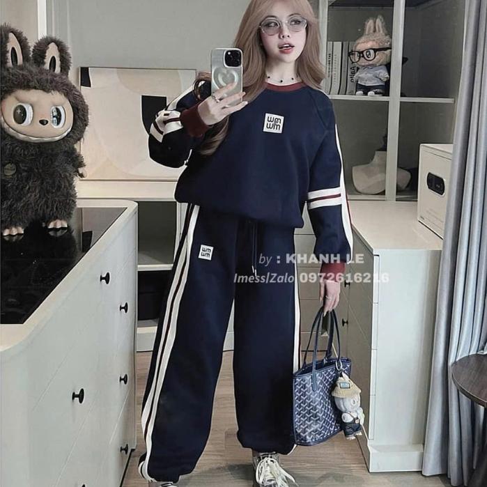 set thu đông nữ,áo mùa đông phối viền sọc in chữ miu miu mix quần nữ ống rộng bo chân T130 BY JOLIE - xanh than