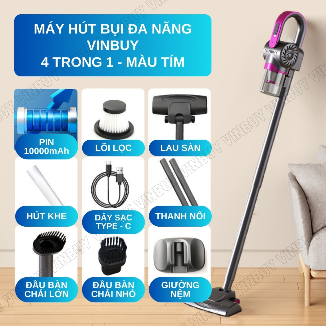 Máy hút bụi cầm tay không dây giường nệm lau nhà 5 trong 1, vacuum cleaner đa năng công suất mạnh 22000PA, hút bụi khô và ướt - Hàng chính hãng VINBUY