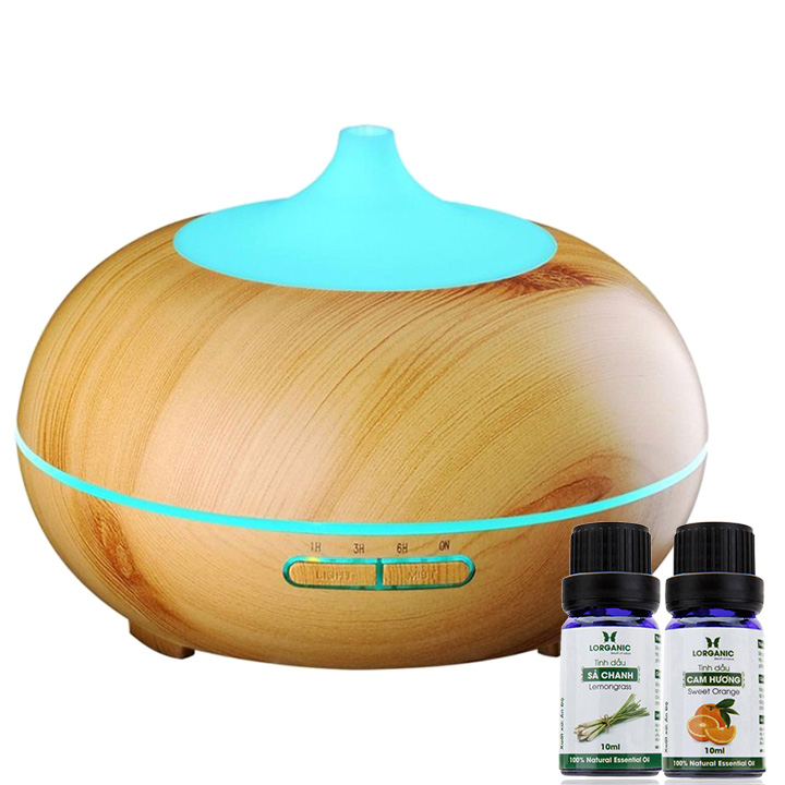 Combo Máy khuếch tán/ máy xông tinh dầu Bí Ngô gỗ vàng Lorganic FX2026 + tinh dầu sả chanh + tinh dầu cam Lorganic