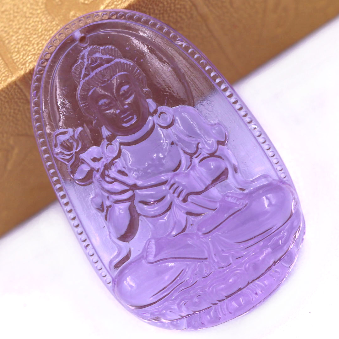 Mặt Phật Đại thế chí 5 cm  pha lê tím kèm móc và dây chuyền inox, Mặt Phật bản mệnh