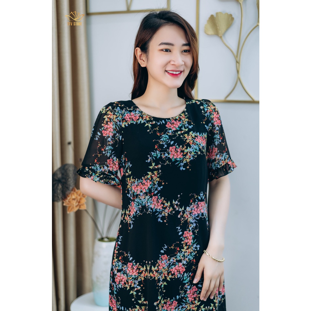 Đầm suông thiết kế trung niên sang trọng Cổ tròn tay ngắn màu Đen họa tiết hoa TTV STORE TTV1241