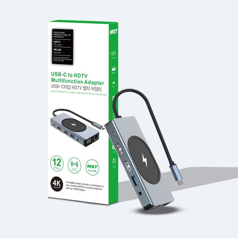 Bộ Chia Cổng Sạc Type c 12 Trong 1 Sang HDMI * 2 4K VGA USB3.0 100W PD / TF2.0 RJ45 1000M 3.5mm Cho Macbook M1 Laptop Điện Thoại