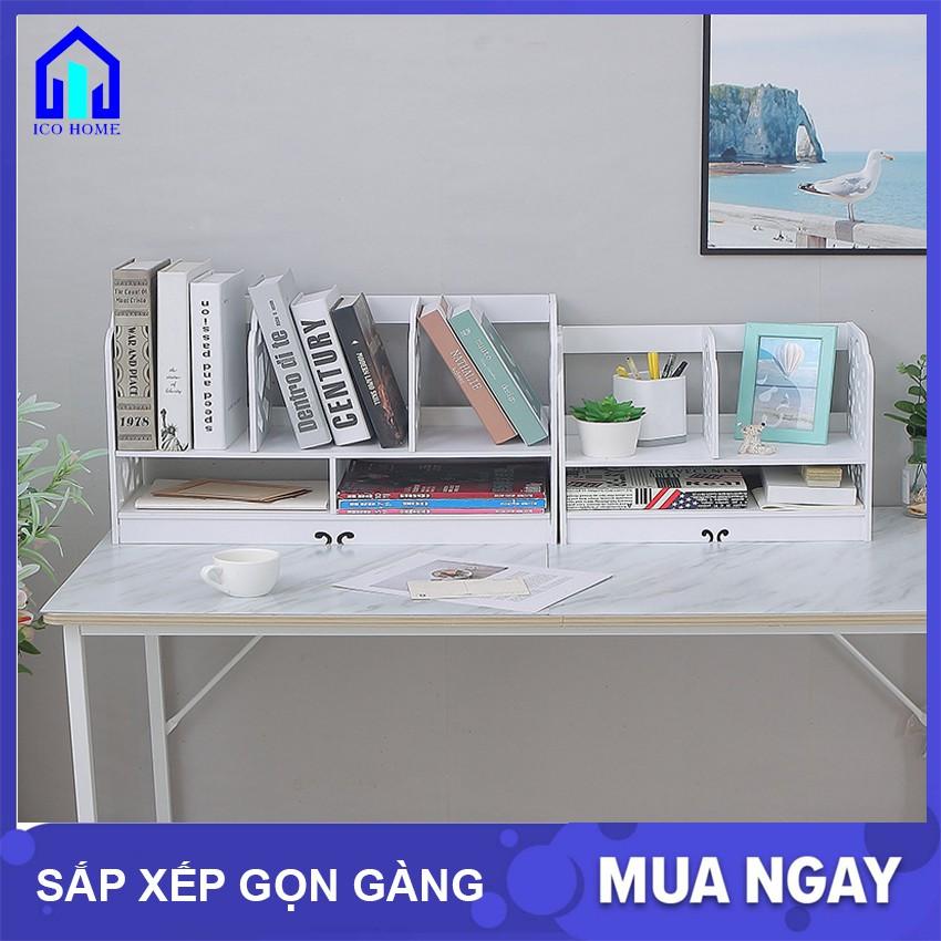 Kệ sách để bàn bằng gỗ hoa văn đẹp dễ dàng lắp ghép có nhiều ngăn, để bàn học bàn làm việc văn phòng - ICO HOME