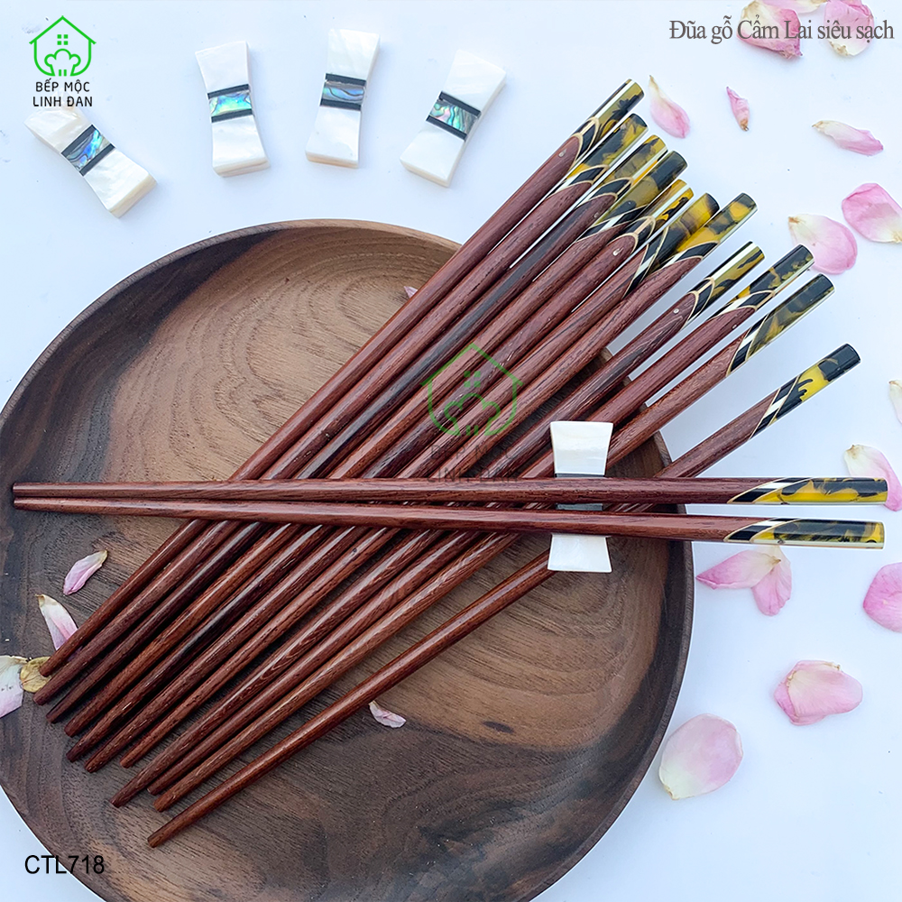 (5 Đôi) Đũa Gỗ Cẩm Lai Tự Nhiên - Đầu Cẩn Thạch Chéo Vân Vàng [CTL718-5]