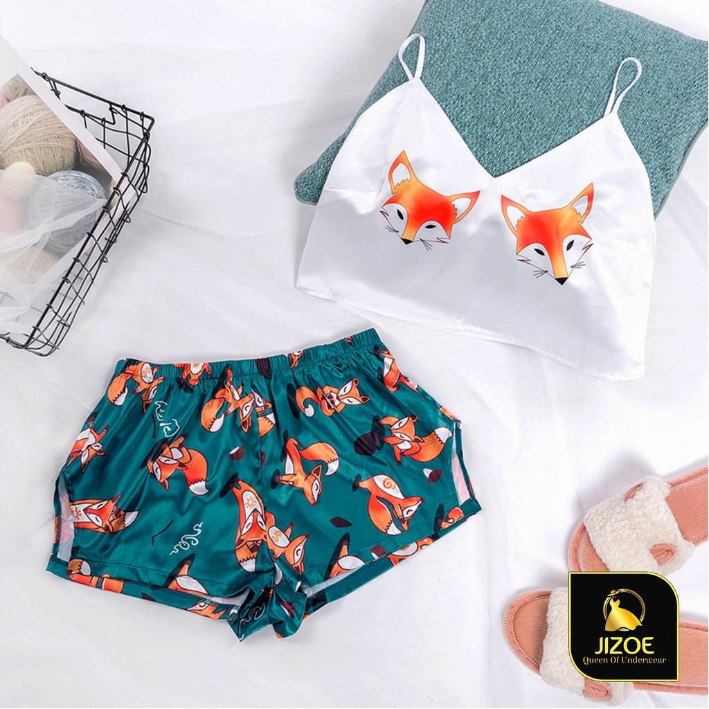 Bộ đồ ngủ nữ dễ thương quần cộc áo hai dây Croptop họa tiết cáo nhỏ đáng yêu chât liệu Satin cao cấp JIZOE BAN03