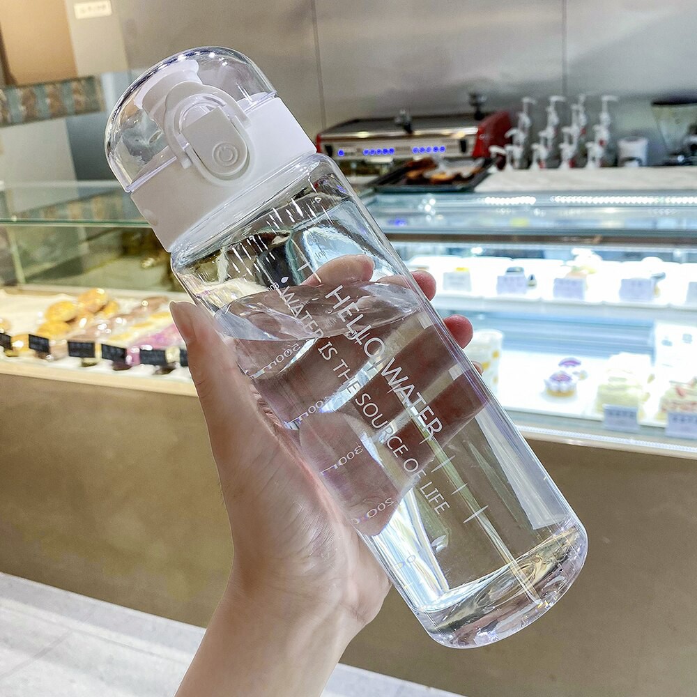 Bình Đựng Nước Nhựa Trong Thể Thao HELLO WATER Cute Dễ Thương 780ml Có Vạch Chia Và Quai Xách