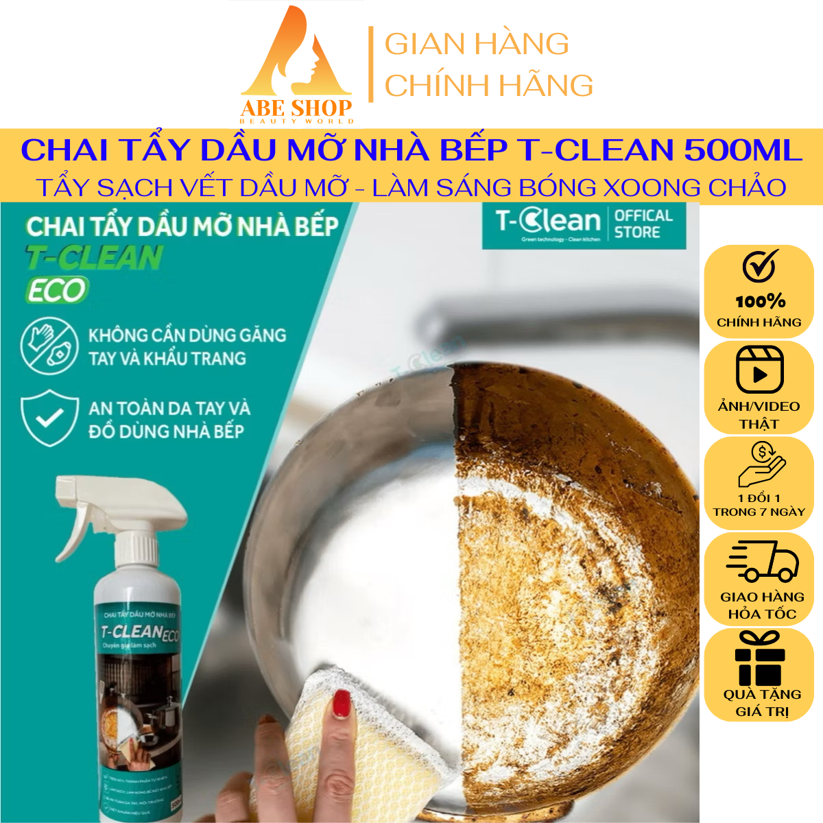 Xịt Vệ Sinh Nhà Bếp - Tẩy Dầu Mỡ T-Clean - Tp Tự Nhiên - Làm Sạch Bếp, Sạch Nồi, Sạch Lò - An Toàn