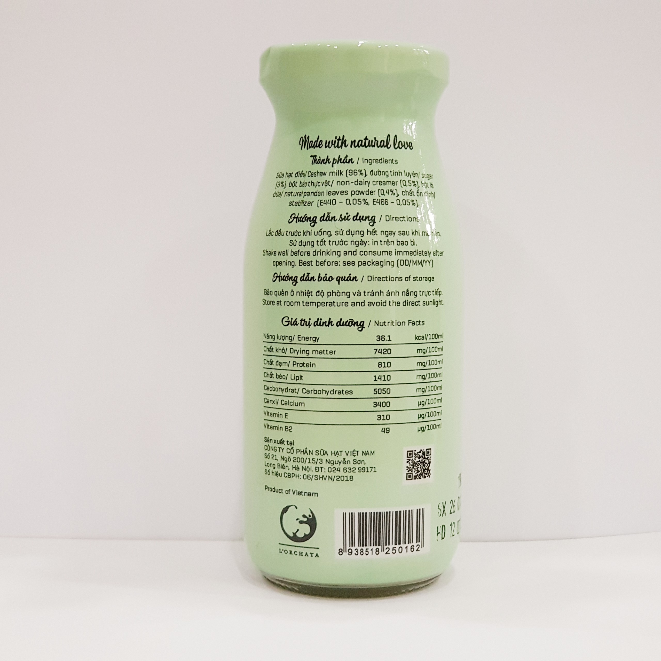 Sữa hạt L'ORCHATA vị hạt điều lá dứa lốc 4 chai