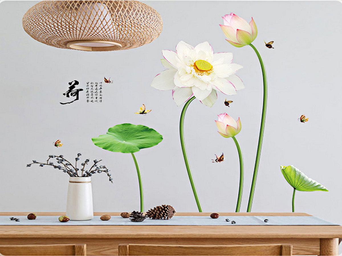 Decal dán tường hoa sen trắng bông to sk9272