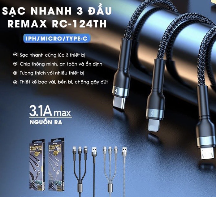 Cáp Sạc Nhanh Đa Năng 3in1 REMAX RC-124th - iP/ Type C/Micro - Hàng Chính Hãng