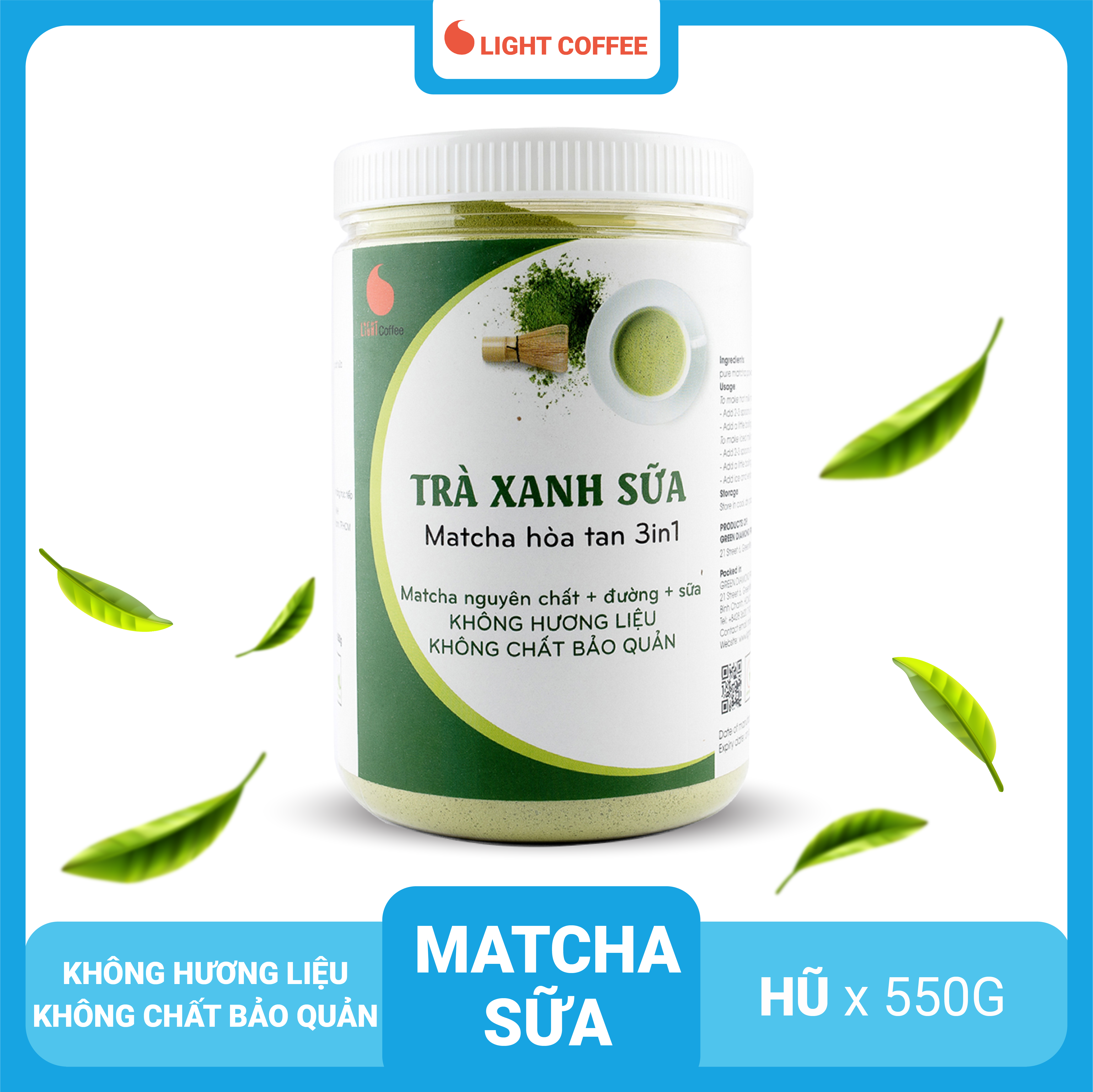 Bột trà xanh sữa 3in1, matcha xuất xứ Nhật Bản, hũ 550g, từ nhà sản xuất Light Coffee
