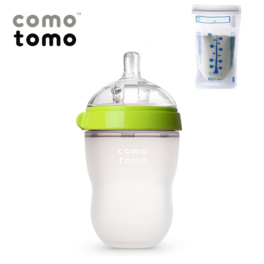 Bình Sữa Silicon Comotomo 250ml Màu Xanh - Tách Lẻ Không Hộp- Tặng kèm 1 túi trữ sữa UNIMOM  210ML