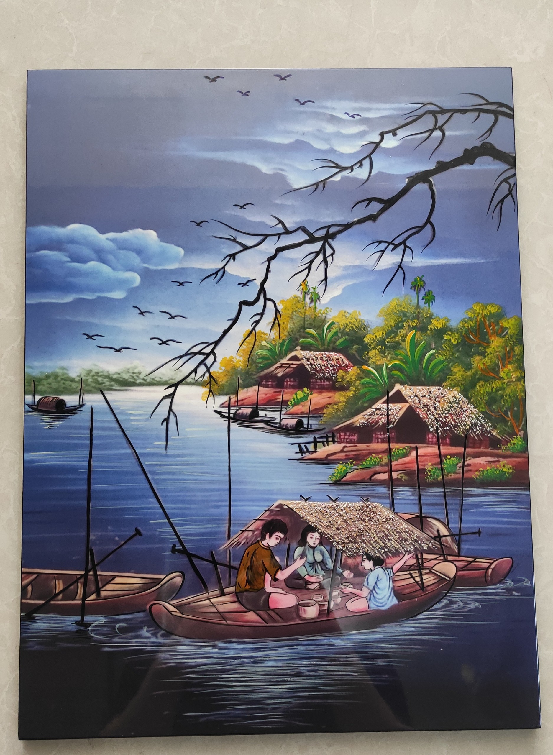 Tranh sơn mài đồng quê vẽ màu đẹp Thanh Bình Lê, hàng xuất khẩu 30x40 cm