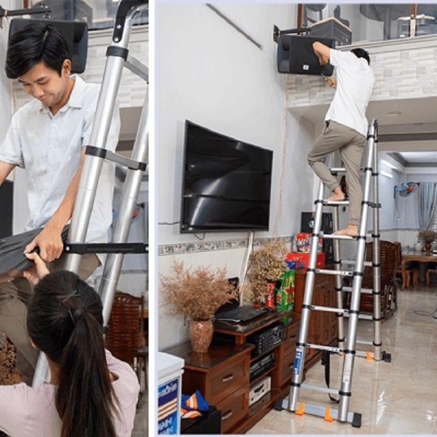 Thang nhôm rút chữ A Sumika SK 500D (2.5M+2.5M) - duỗi thẳng cao 5.0m, 8 đế cao su chống trượt, có bánh xe kéo, khóa chốt cao cấp, bậc thang thiết kế chống trượt, thanh giằng giữa 2 bên thang - Luôn Có Phụ Kiện Thay Thế