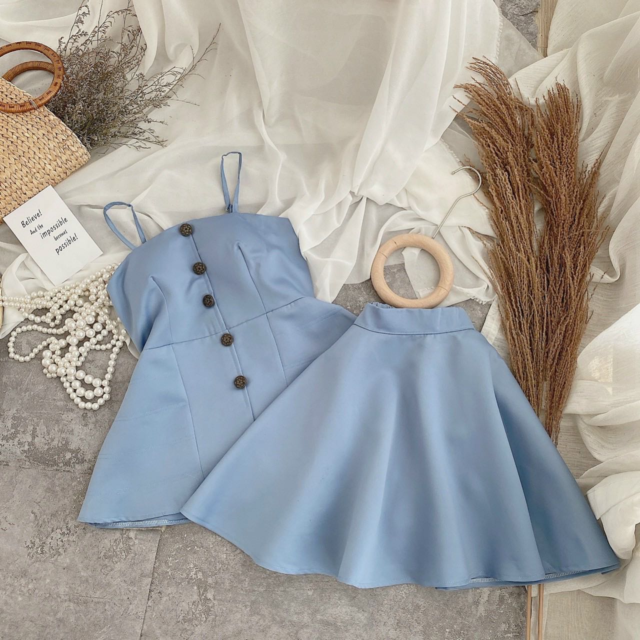 Set Áo Peplum Xanh Hai Dây & Chân Váy Xoè - Hậu Nguyễn Store