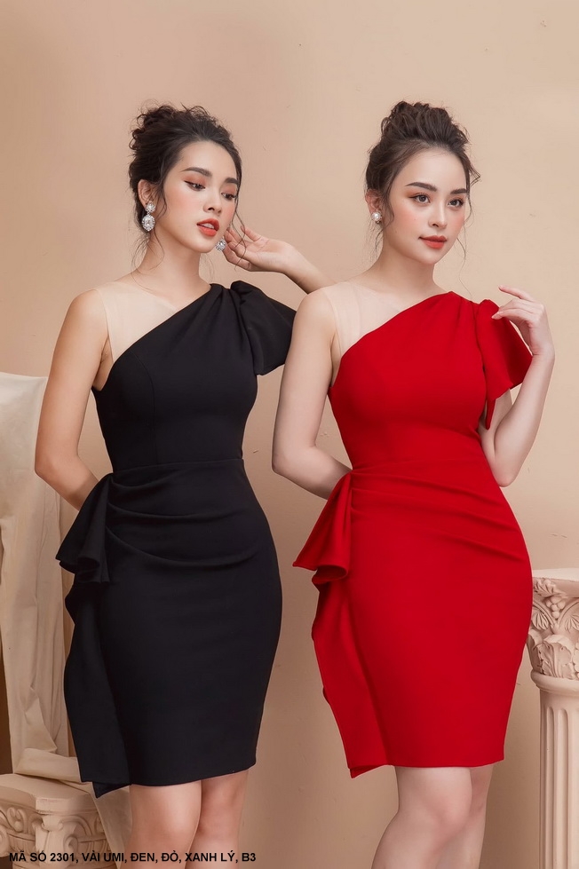 ĐẦM CỔ XÉO MỘT TAY DÚN BÊN EO