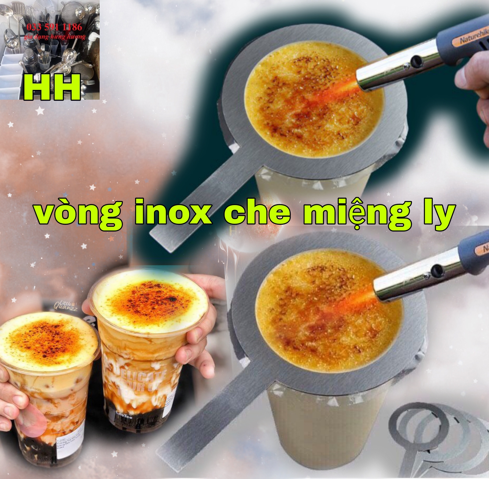 Vòng che thành ly nhựa để khò đường làm món trà sữa nướng