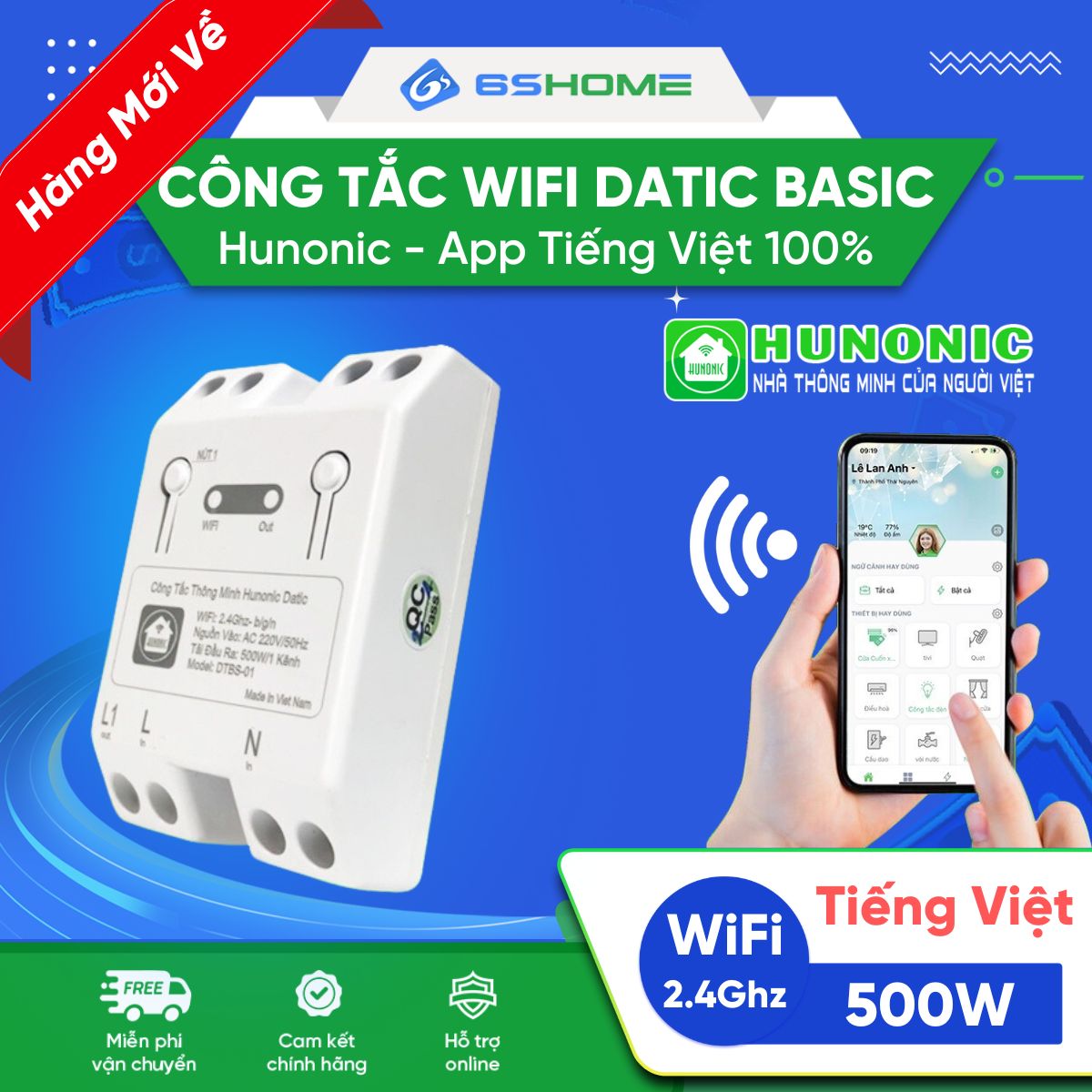 Công Tắc Thông Minh WiFi Hunonic Datic Basic 500W DTBS01, App Tiếng Việt, Điều Khiển Từ Xa Trên Điện Thoại qua WiFi/4G