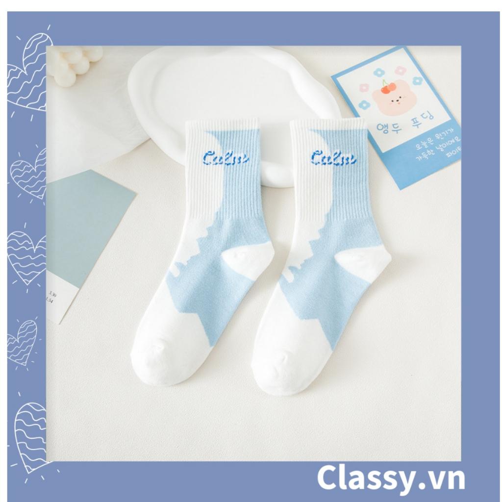 Tất cổ cao Classy,  vớ cổ cao màu xanh trắng, chất cotton êm chân G1354