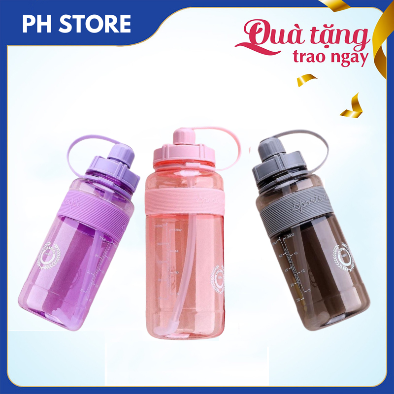 Bình Đựng Nước Nhựa PP Cao Cấp, Dung Tích 600ml - 2000ml, Có Vạch Nhắc Nhở Uống Nước, Kèm Ống Hút Và Dây Đeo Tiện Lợi Di Chuyển Tập Luyện Thể Thao