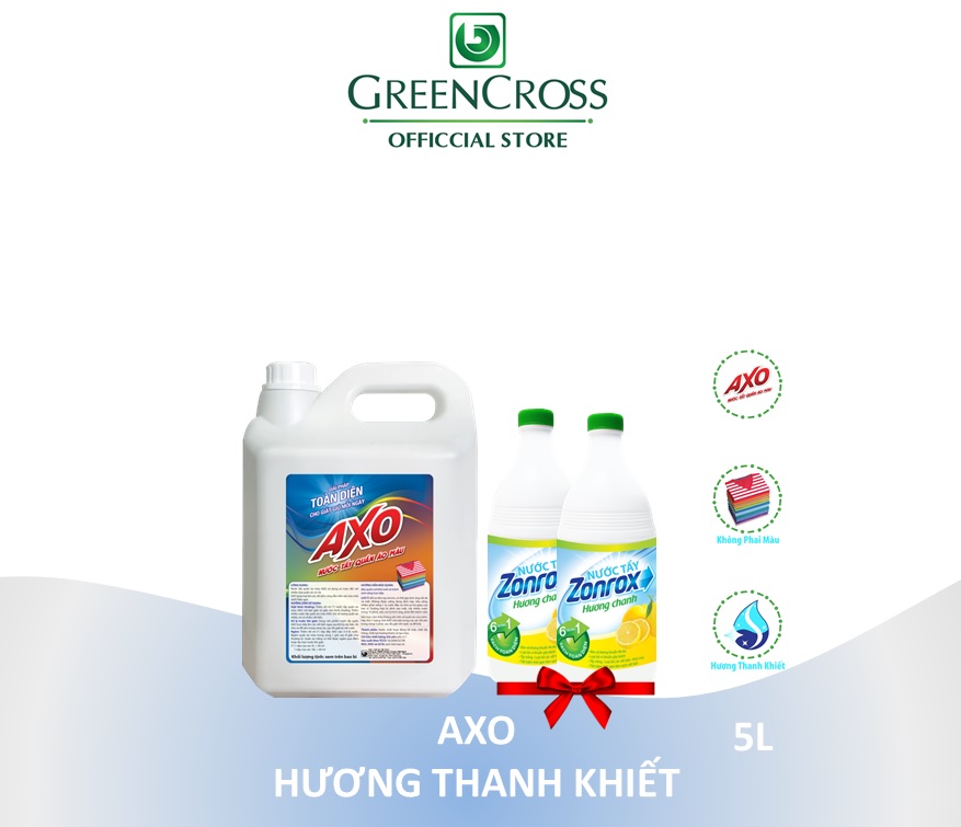 NƯỚC TẨY GIỮ MÀU AXO THANH KHIẾT 5L (DÀNH CHO DA NHẠY CẢM) - TẶNG THÊM 2 CHAI TẨY TRẮNG ZONROX 1L