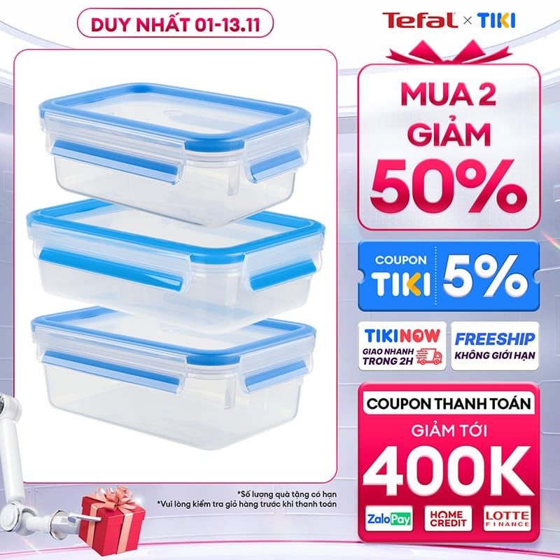 Bộ 3 hộp nhựa vuông Tefal Masterseal Fresh 0.55L, 0.8L, 1L - xanh