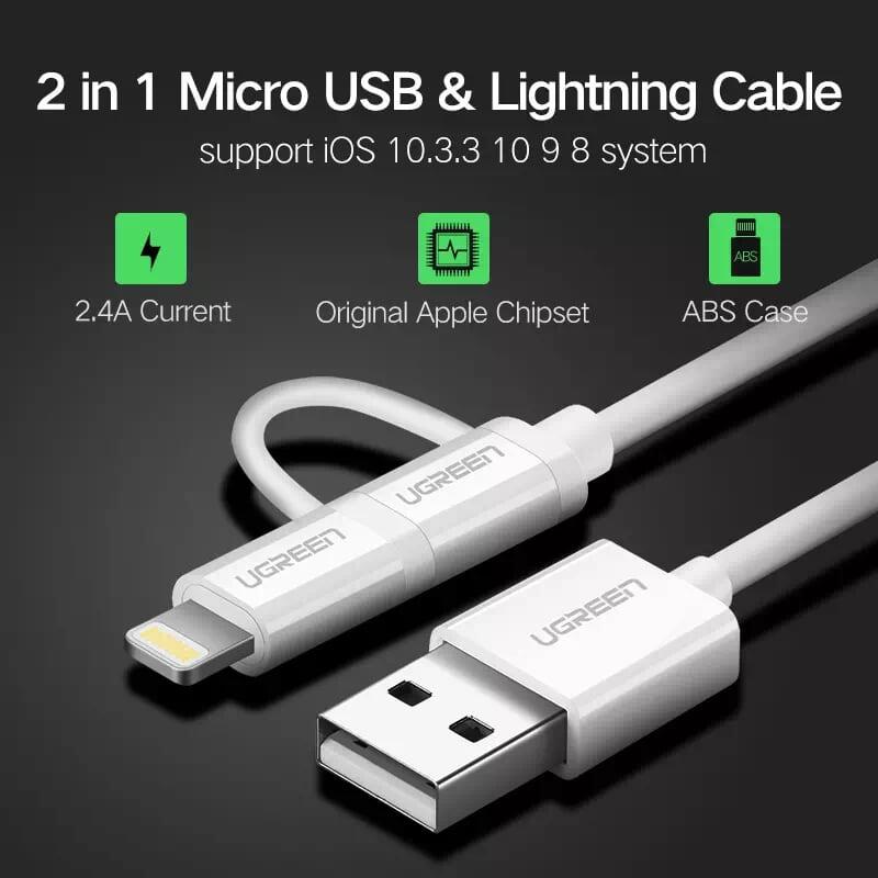 Ugreen UG20876US178TK 1M màu Trắng Cáp sạc đa năng USB sang MicroUSB + Lightning - HÀNG CHÍNH HÃNG