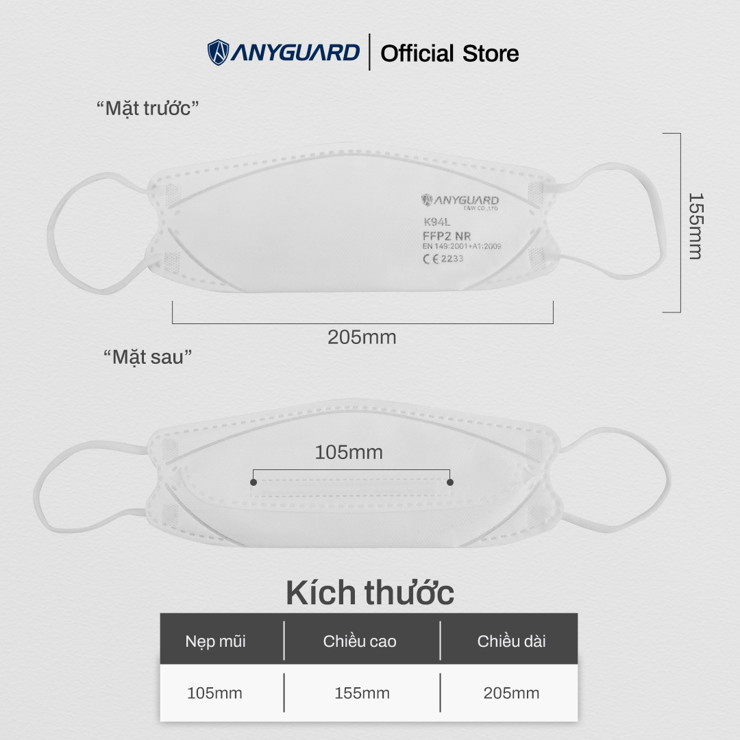 Khẩu Trang Y Tế Hàn Quốc KF94 Chính Hãng ANYGUARD Tiêu Chuẩn kháng bụi Châu Âu FFP2 Lọc 94% Bụi Mịn tới PM2.5, 4 Lớp Ngăn 99% Vi Khuẩn, An Toàn Cho Da Nhạy Cảm