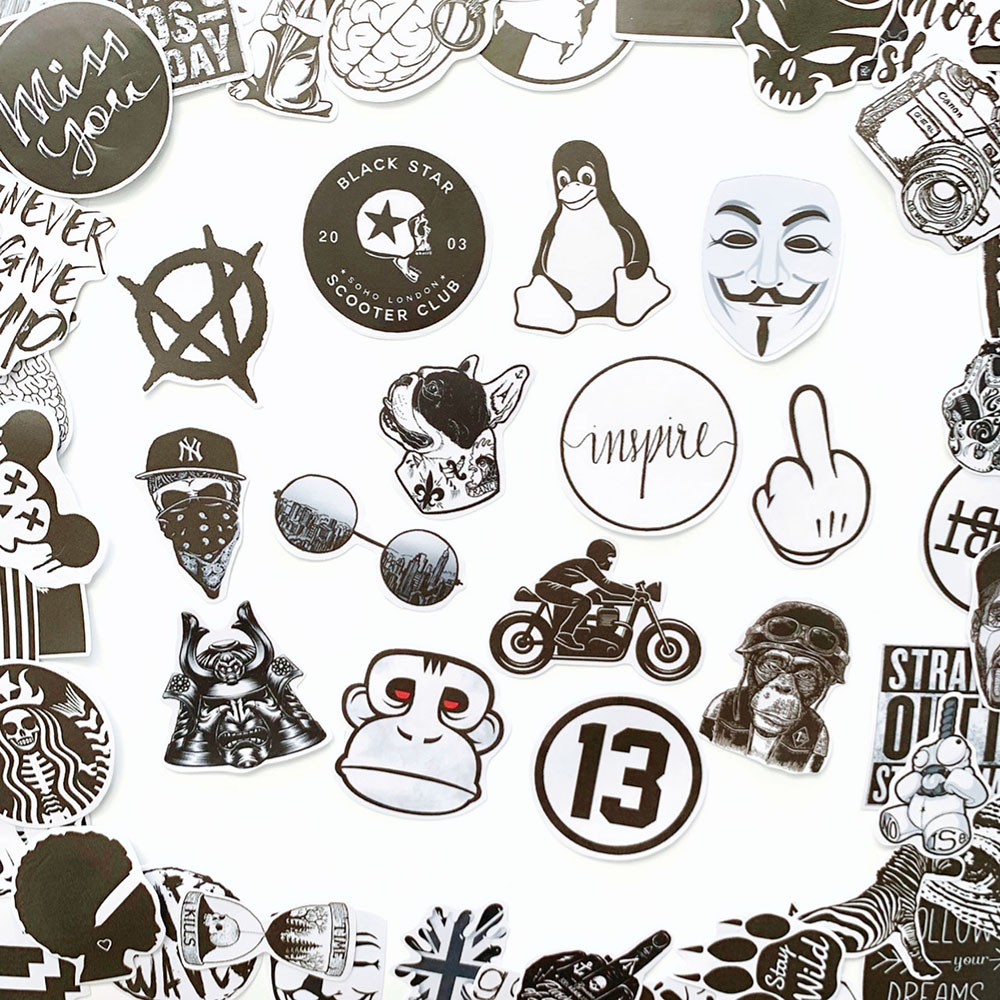 Bộ 50 Sticker Black White Đen Trắng  (2020) Hình Dán Chống Nước Decal Chất Lượng Cao Trang Trí Va Li Du Lịch, Xe Đạp, Xe Máy, Laptop, Nón Bảo Hiểm, Máy Tính Học Sinh, Tủ Quần Áo, Nắp Lưng Điện Thoại