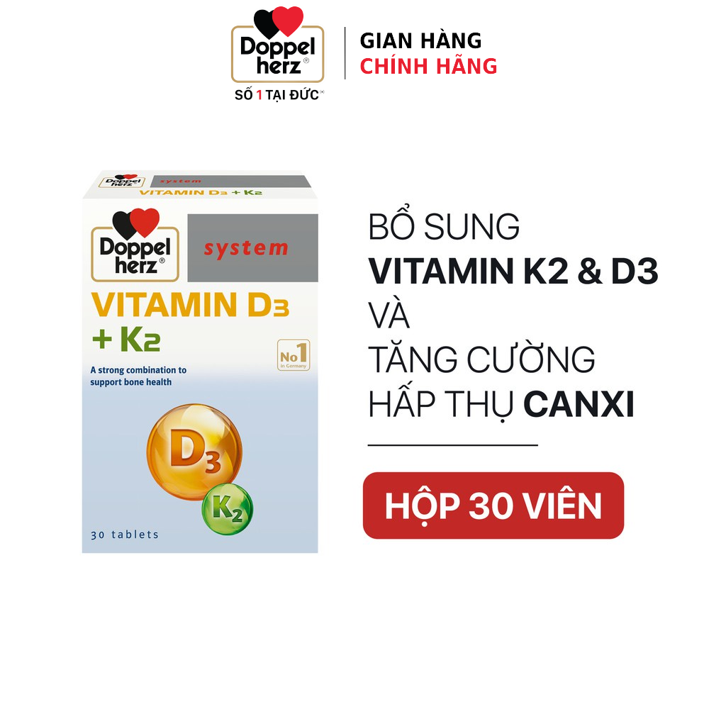 Viên uống hỗ trợ tăng cường hấp thu Canxi, giảm nguy cơ loãng xương Doppelherz Vitamin D3 + K2 (Hộp 30 viên)