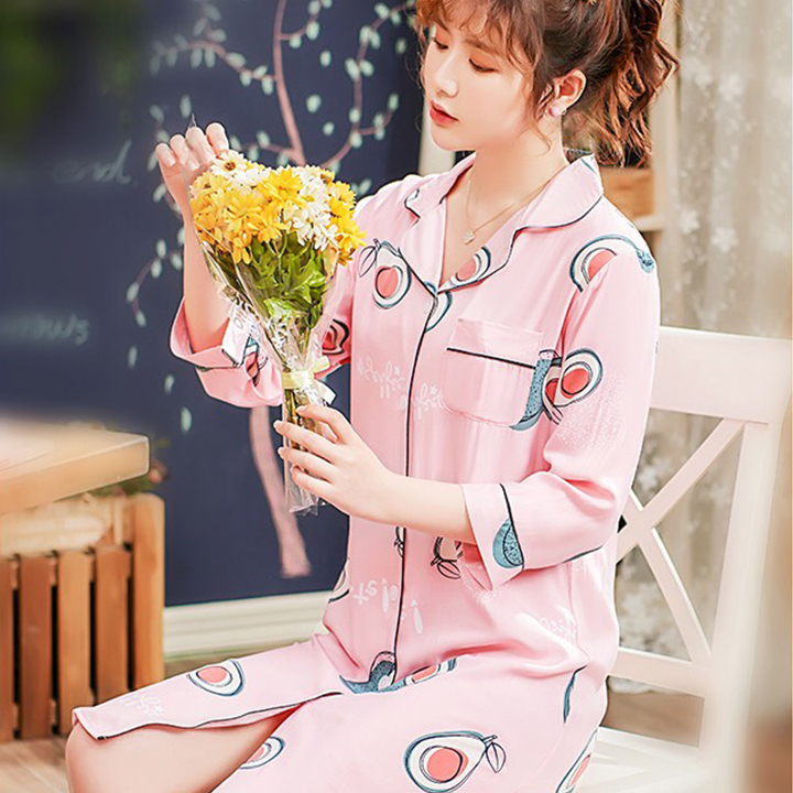 Đầm ngủ sơ mi in hoa văn dễ thương Q157 - Váy ngủ sơ mi sexy - Đầm ngủ