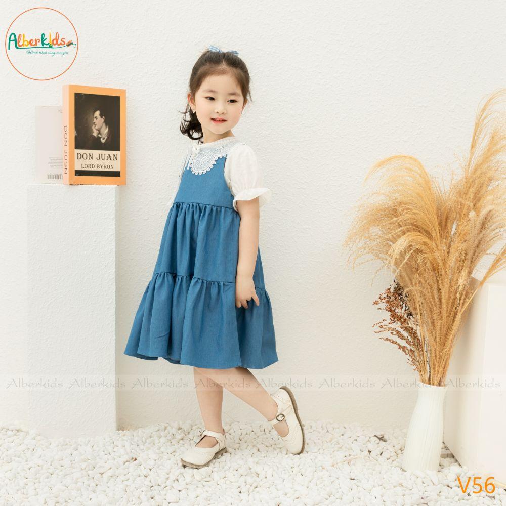 Váy bé gái ALBERKIDS bò denim 2 dây 3 tầng công chúa xinh đẹp cho trẻ em 2,3,4,5,6,7,8,9,10,11,12 tuổi [V56