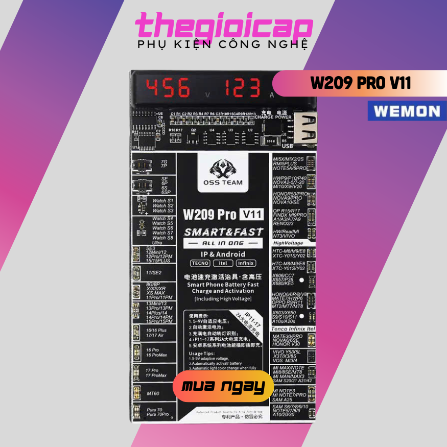 Bộ Kích Pin W209 Pro V11 Dành Cho Điện Thoại Android, Pad, IP Bảo vệ quá tải dòng điện, kiểm tra dung lượng pin - Hàng Nhập Khẩu
