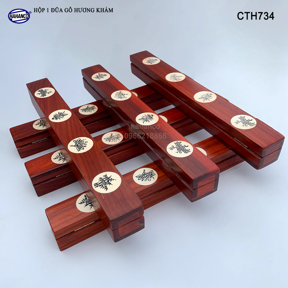Hộp Đựng 1 Đôi Đũa Bằng Gỗ Hương Đỏ Khảm Họa Tiết Tinh Tế - Có Thể Mang Theo Người Tiện dụng - CTH734 - HAHANCO