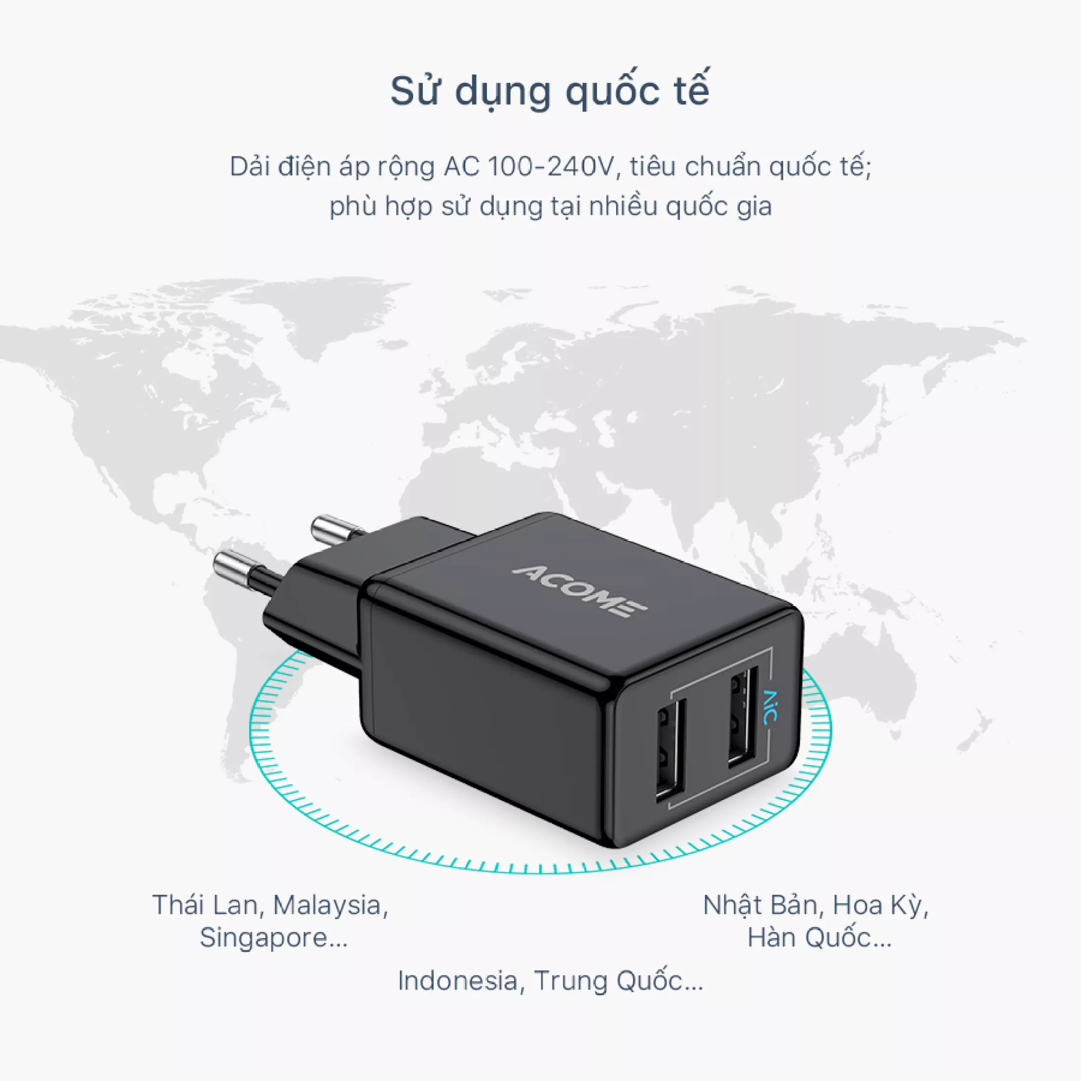 Cốc sạc ACOME AC03 Cho Di Động/Điện Thoại/Máy Tính Bảng Có 2 Cổng USB Sạc Nhanh 2.4A - Hàng Chính Hãng