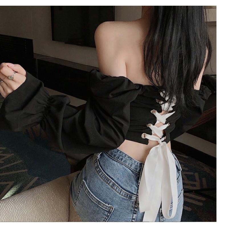 Áo kiểu trễ vai croptop đan dây nơ lưng mẫu 2021