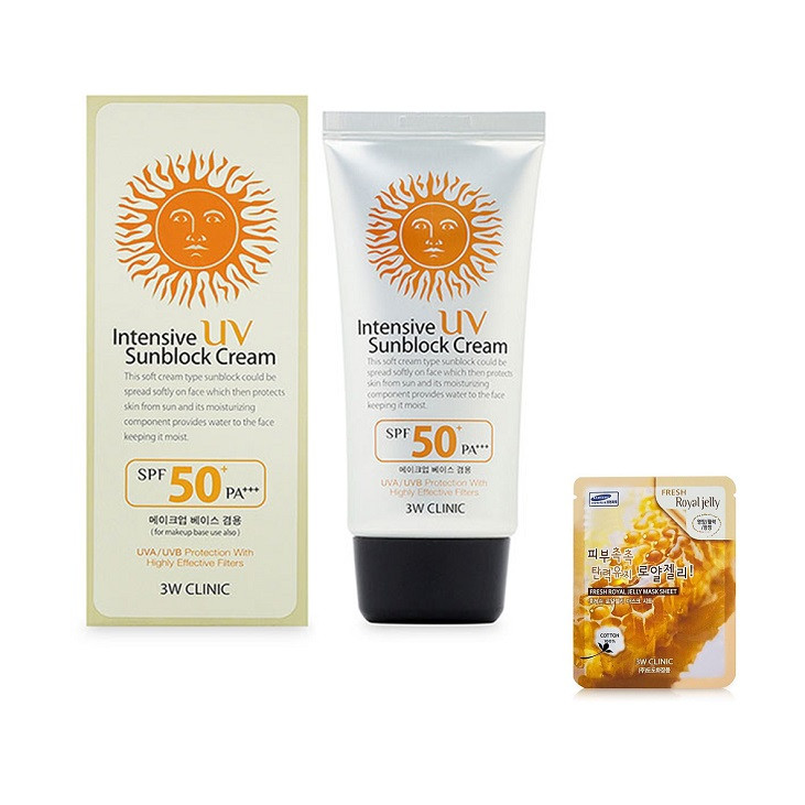 Kem Chống Nắng 3W Clinic INTENSIVE UV SUNBLOCK CREAM KOREA + Tặng Mask 3W ROYAL JELLY MASK SHEET