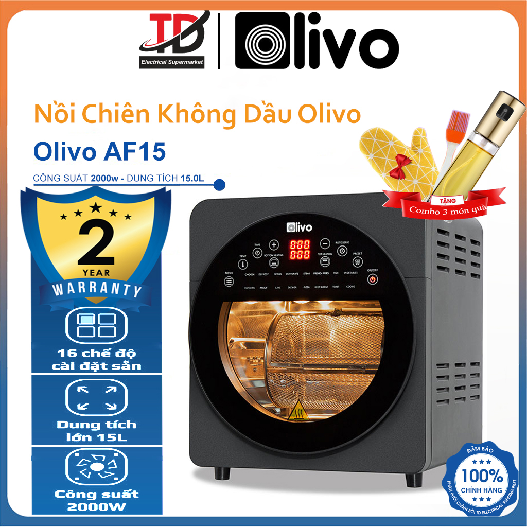 Nồi Chiên Không Dầu OLIVO AF15, 15Lit - 2000W, 16 Chức Năng Nấu và Phụ Kiện Đa Dạng, Hàng Chính Hãng