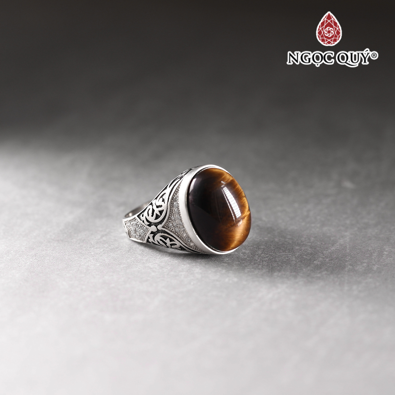 Nhẫn bạc nam đá mắt hổ vàng nâu ni 19 mệnh thổ, kim - Ngọc Quý Gemstones