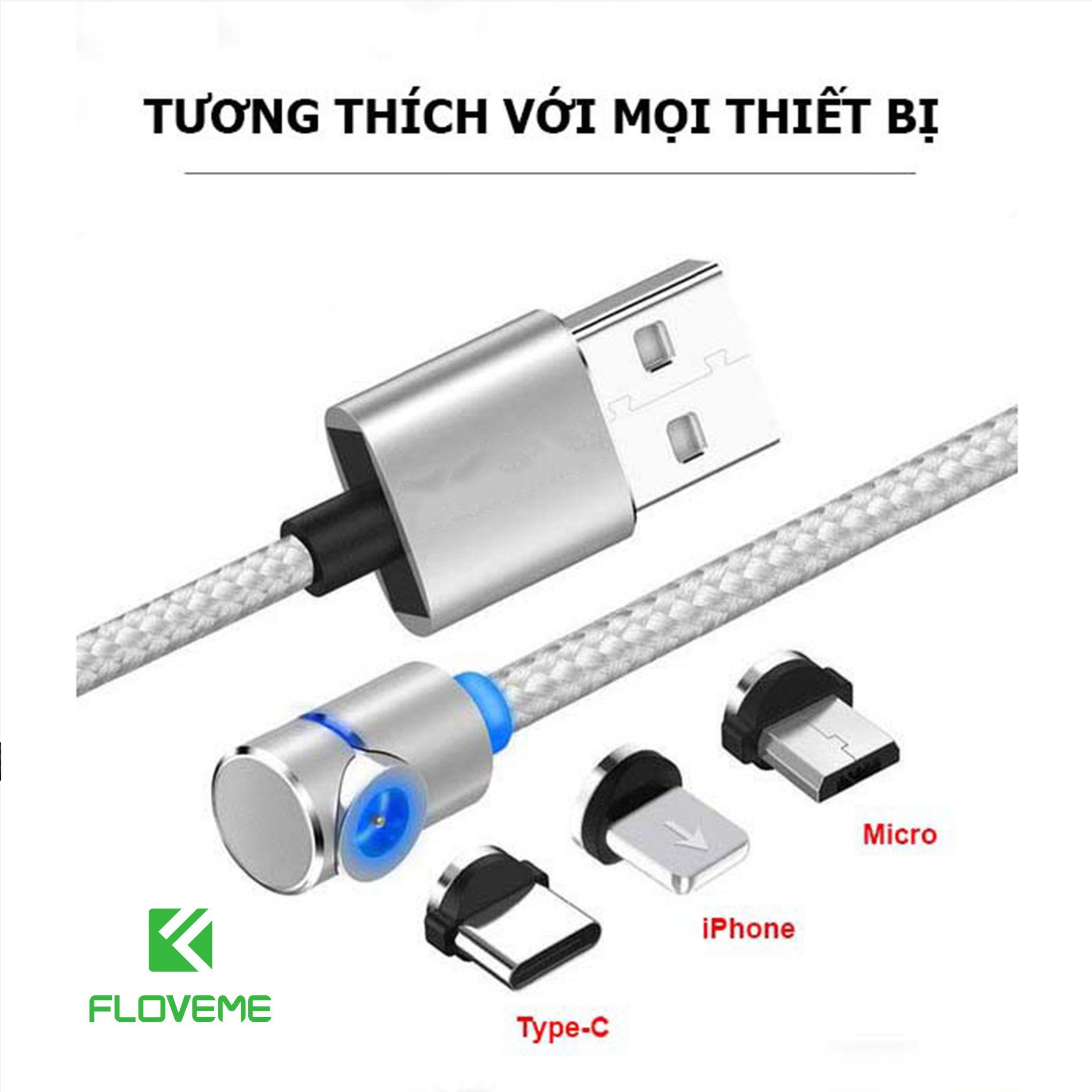 Cáp sạc nam châm FLOVEME - Xoay 360* - Đèn led đẹp mắt - Vải dù cao cấp - Chống rối - Siêu bền - An toàn - Hàng chính hãng