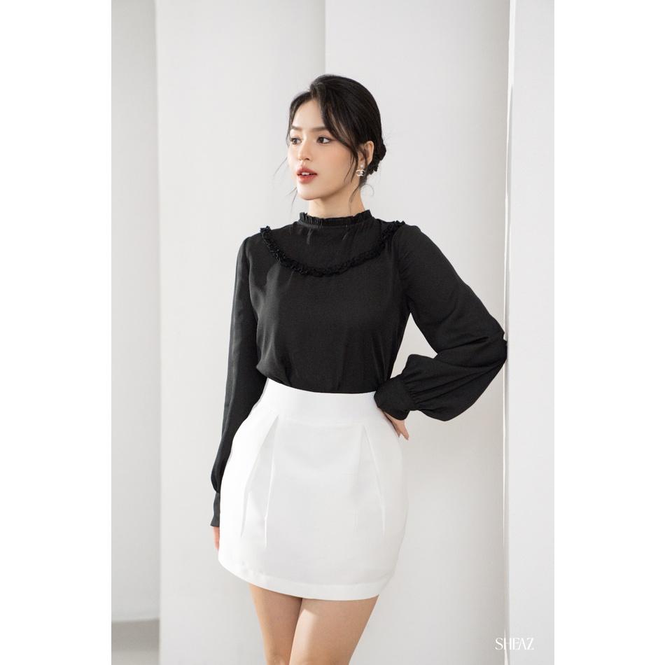 SHEAZ Áo sơ mi chiffon đen cao cấp dày dặn tay dài bèo ngực phong cách Hàn quốc