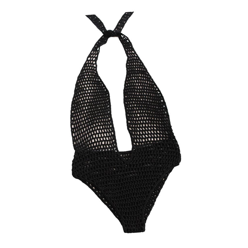 Fashion Women Ladies Black One Piece Crochet Knit Beach Bikini Monokini Swimwear Halter Deep V-neck Beachwear